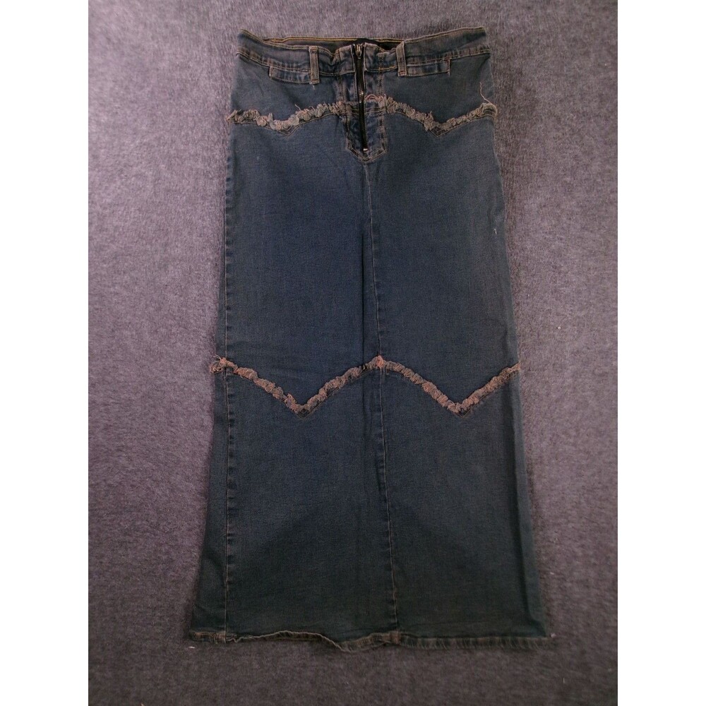 Desire Denim Skirt Womens 11 12 Maxi Frayed Trim Back Slit Zip Front Vintage